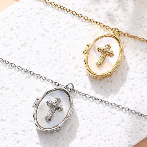 Christianartworkshop Openable Cross Locket Necklace with Mother-of-Pearl Inlay: A Reminder of Divine Love - image 1