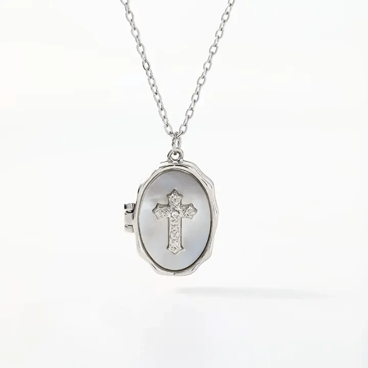 Christianartworkshop Openable Cross Locket Necklace with Mother-of-Pearl Inlay: A Reminder of Divine Love - Silver - image 6