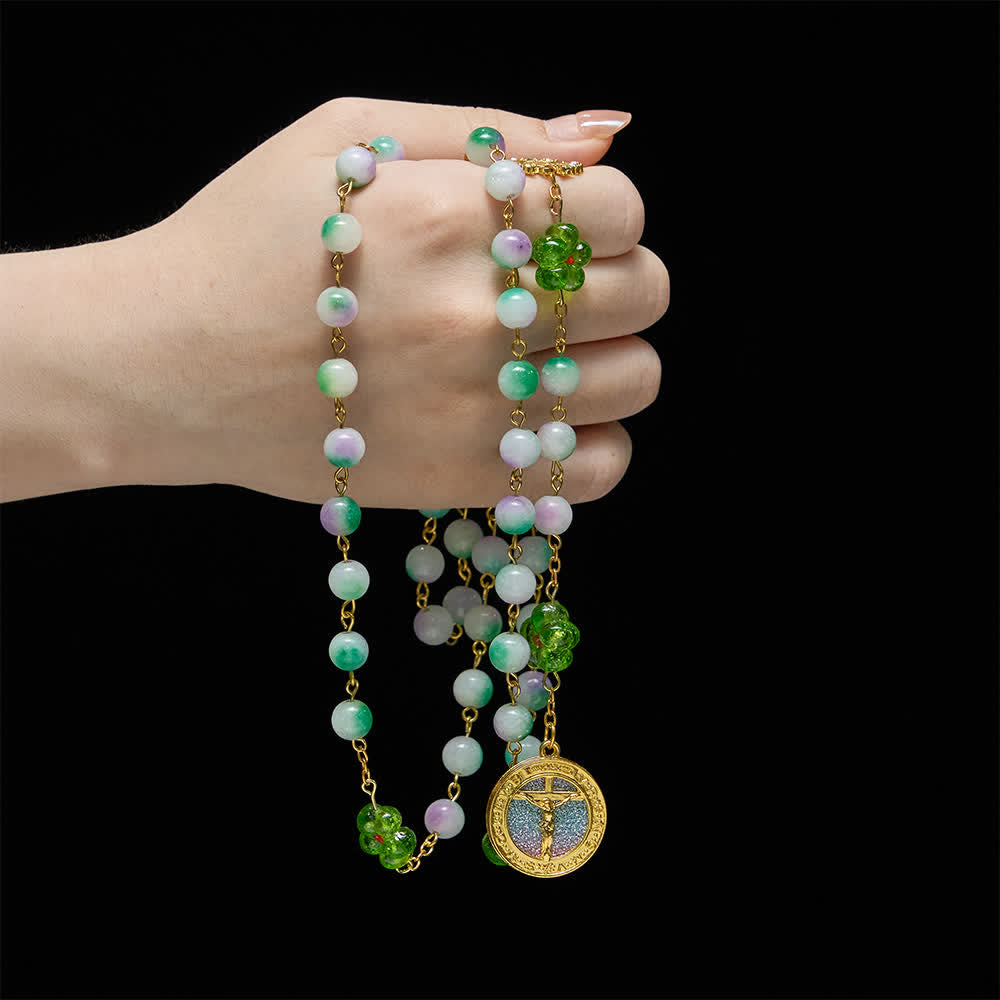 Christianartworkshop Violet Chalcedony Beads with Green Flower St. Benedict Rosary with Sparkling Crucifix - image 1