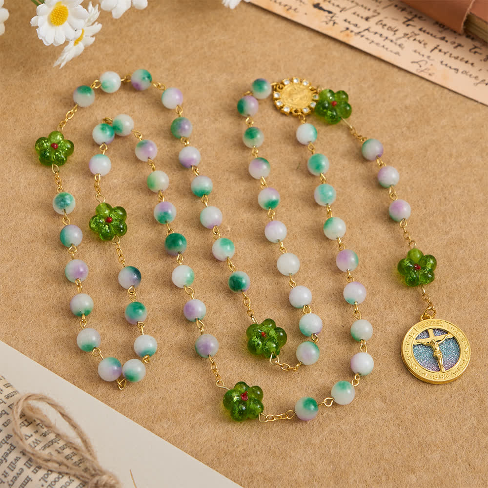Christianartworkshop Violet Chalcedony Beads with Green Flower St. Benedict Rosary with Sparkling Crucifix - image 3