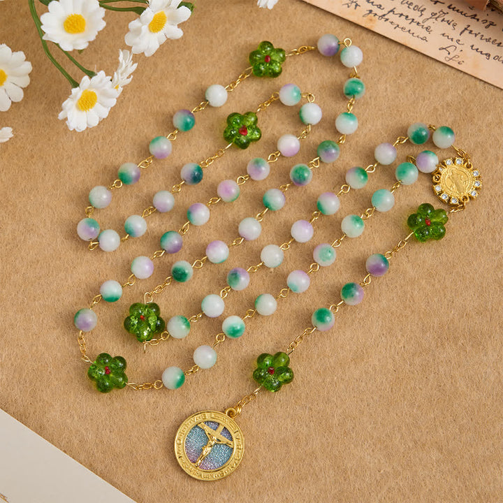 Christianartworkshop Violet Chalcedony Beads with Green Flower St. Benedict Rosary with Sparkling Crucifix - image 4