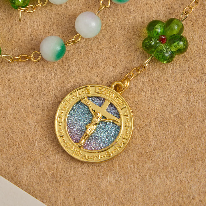 Christianartworkshop Violet Chalcedony Beads with Green Flower St. Benedict Rosary with Sparkling Crucifix - image 5