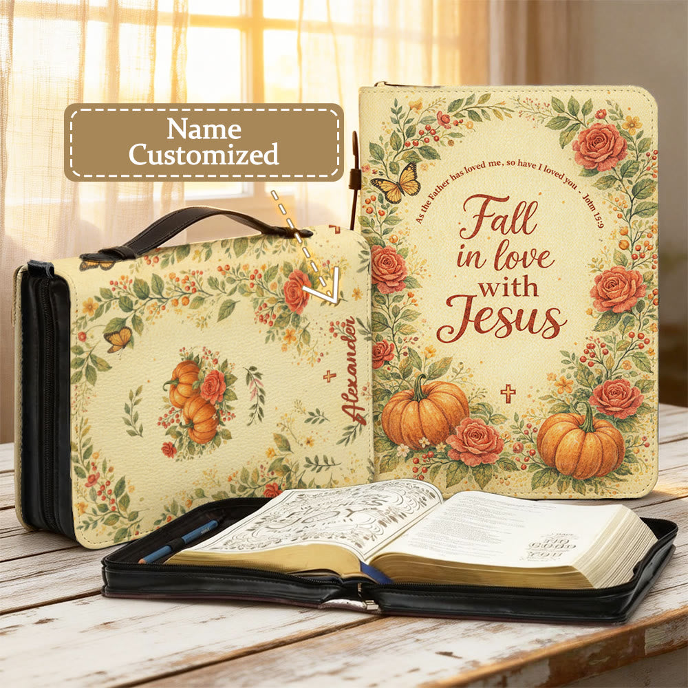 Christianartworkshop Fall in Love with Jesus Floral & Pumpkin Zippered Bible Cover - 2XL - Name Customized - image 0
