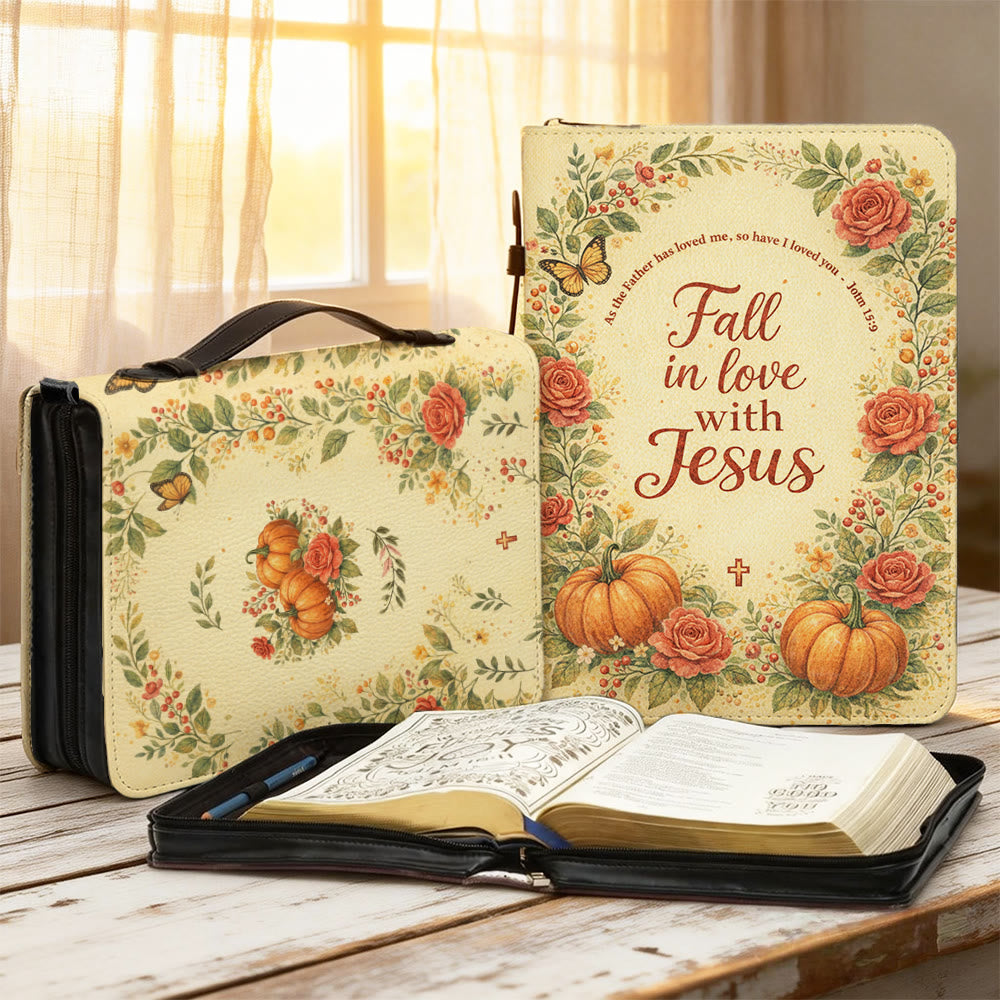 Christianartworkshop Fall in Love with Jesus Floral & Pumpkin Zippered Bible Cover - 2XL - Regular (No Custom) - image 1