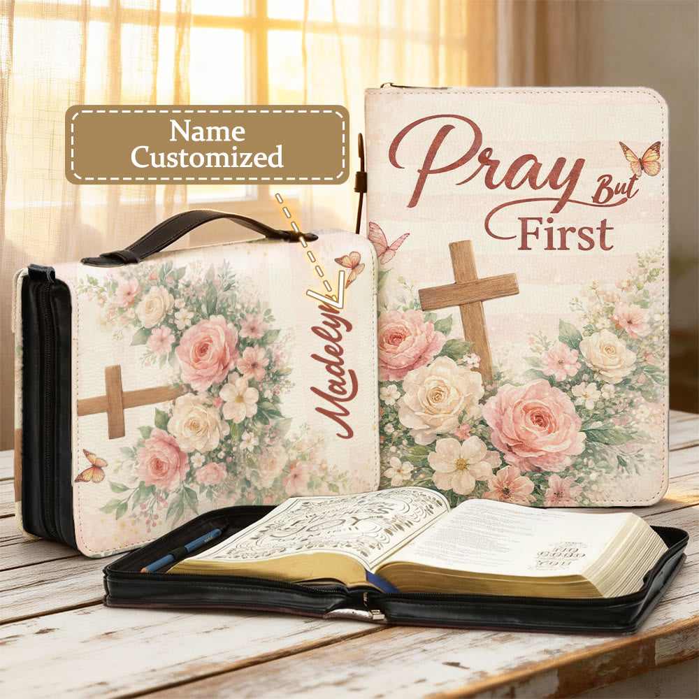 Christianartworkshop "Pray But First" Soft Floral Cross Zippered Bible Cover - 2XL - Name Customized - image 0