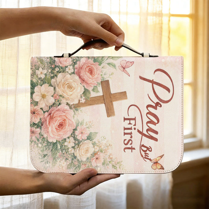 Christianartworkshop "Pray But First" Soft Floral Cross Zippered Bible Cover - image 5