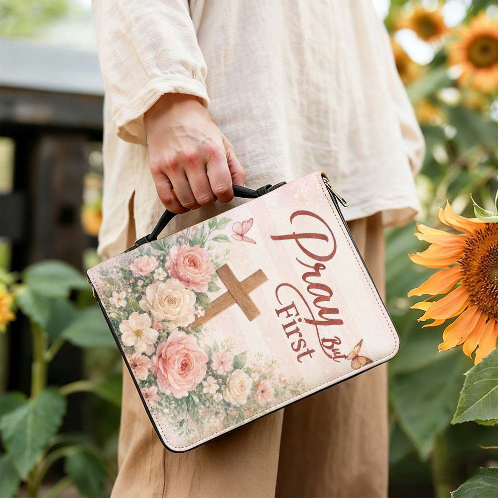Christianartworkshop "Pray But First" Soft Floral Cross Zippered Bible Cover - image 7