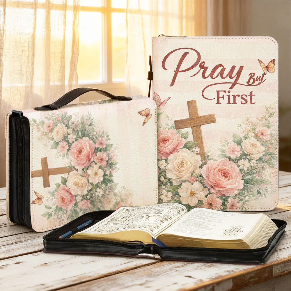 Christianartworkshop "Pray But First" Soft Floral Cross Zippered Bible Cover - 2XL - Regular (No Custom) - image 1