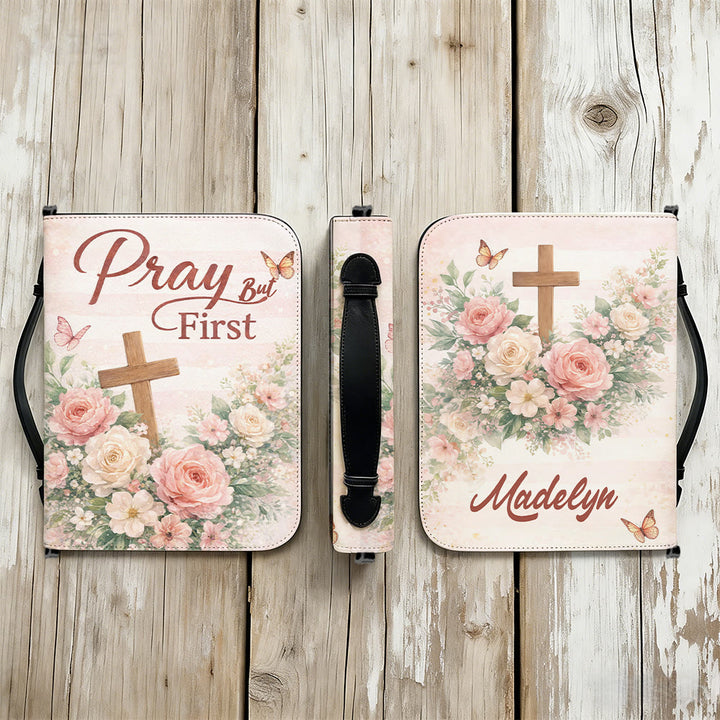 Christianartworkshop "Pray But First" Soft Floral Cross Zippered Bible Cover - image 14