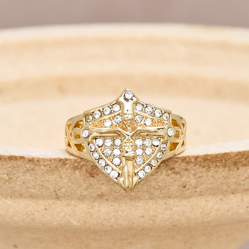 Christianartworkshop Shield-Shape Crucifix Signet Ring with Zircon Pavé: A Symbol of Faith and Divine Protection - US 13 - image 0