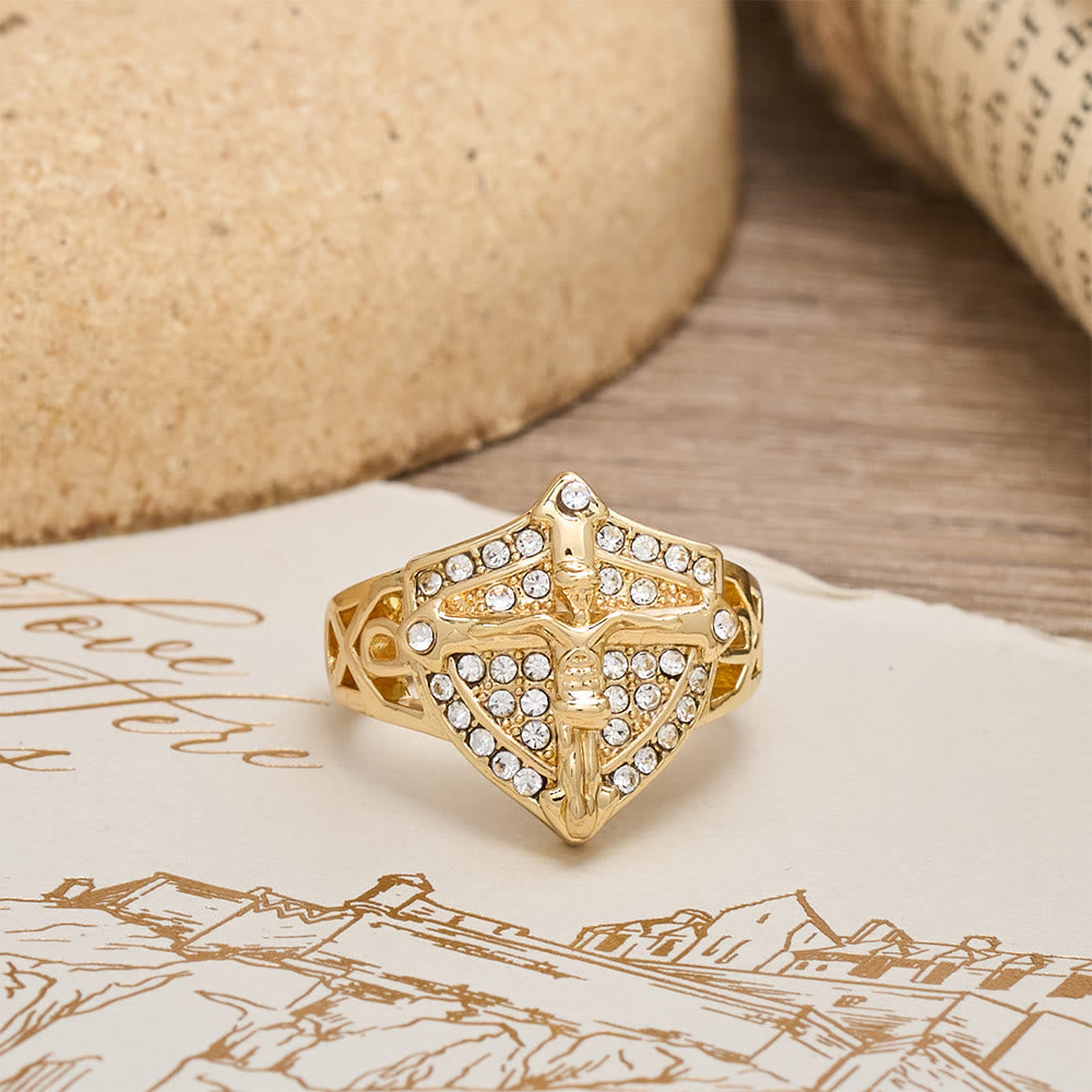 Christianartworkshop Shield-Shape Crucifix Signet Ring with Zircon Pavé: A Symbol of Faith and Divine Protection - image 2