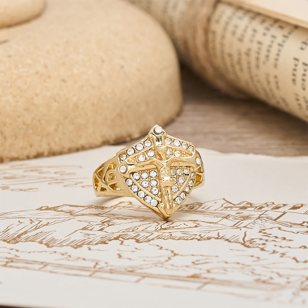 Christianartworkshop Shield-Shape Crucifix Signet Ring with Zircon Pavé: A Symbol of Faith and Divine Protection - image 1