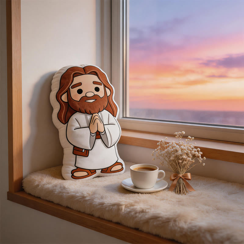 Christianartworkshop Cute Cartoon Jesus Praying Pose Shaped Plush Pillow: Whimsical Faith-Inspired Home Decor - image 1
