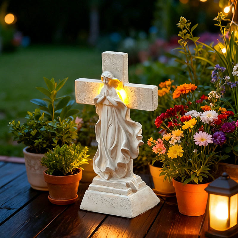 Christianartworkshop Solar Light-Up Virgin Mary & Cross Garden Statue: A Symbol of Marian Grace and Divine Light - image 1