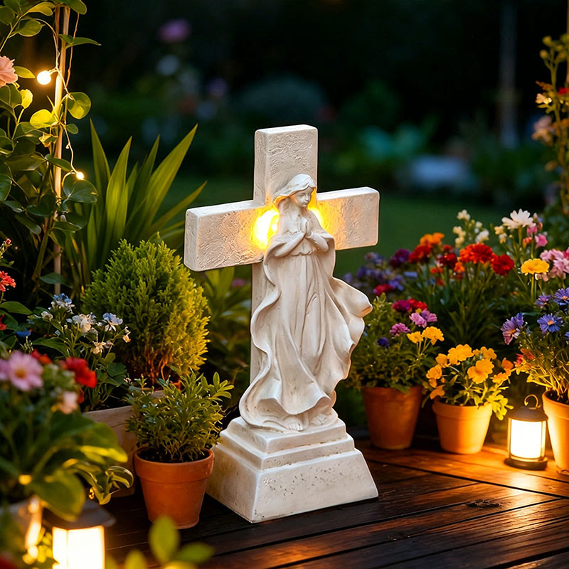 Christianartworkshop Solar Light-Up Virgin Mary & Cross Garden Statue: A Symbol of Marian Grace and Divine Light - image 2