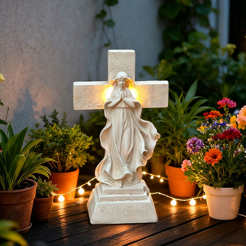 Christianartworkshop Solar Light-Up Virgin Mary & Cross Garden Statue: A Symbol of Marian Grace and Divine Light - Virgin Mary & Cross - image 0
