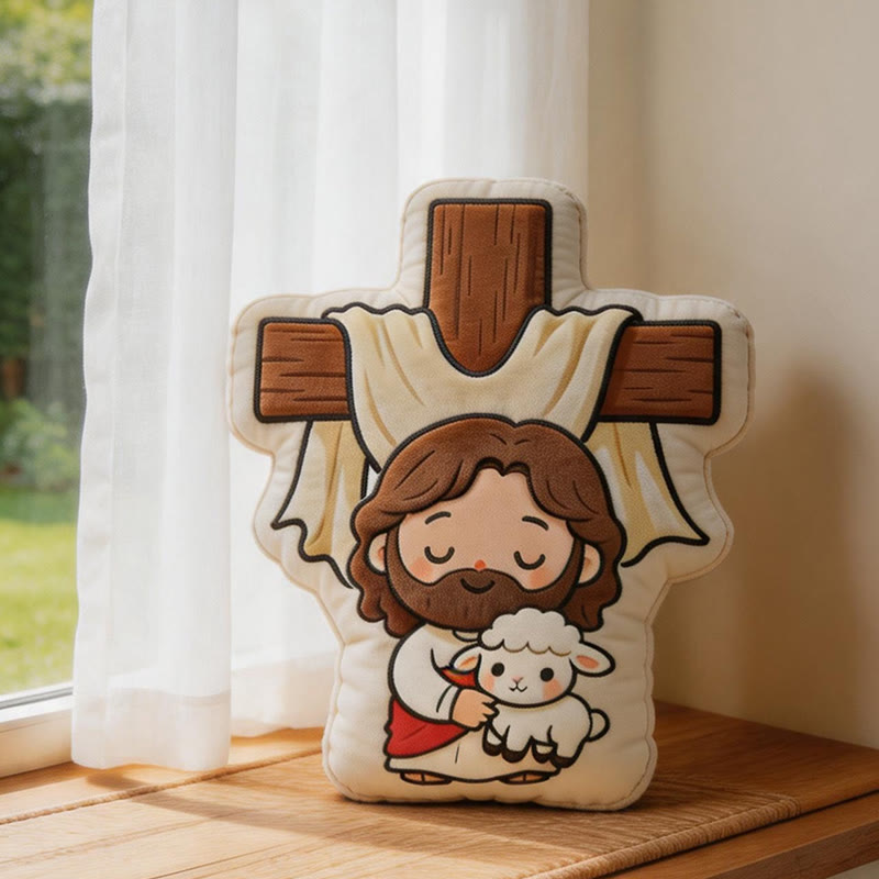 Christianartworkshop Cute Cross Shaped Jesus and Lamb Plush Pillow: Faith-Inspired Cozy Home Decor - image 1