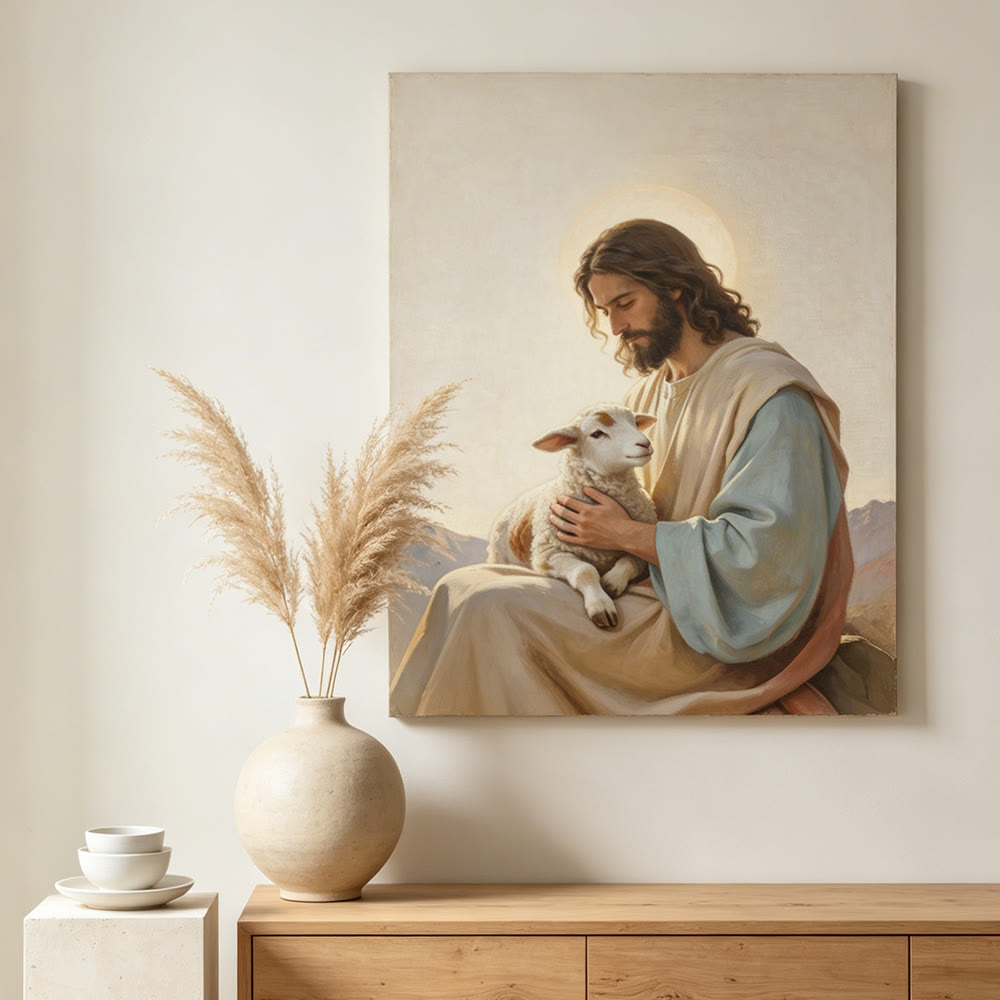 Christianartworkshop Jesus the Good Shepherd Wall Art Print: A Symbol of Divine Compassion and Gentle Love - Framed Canvas Painting - 13.77"*19.58"*0.7"/35*50*1.8cm - image 0