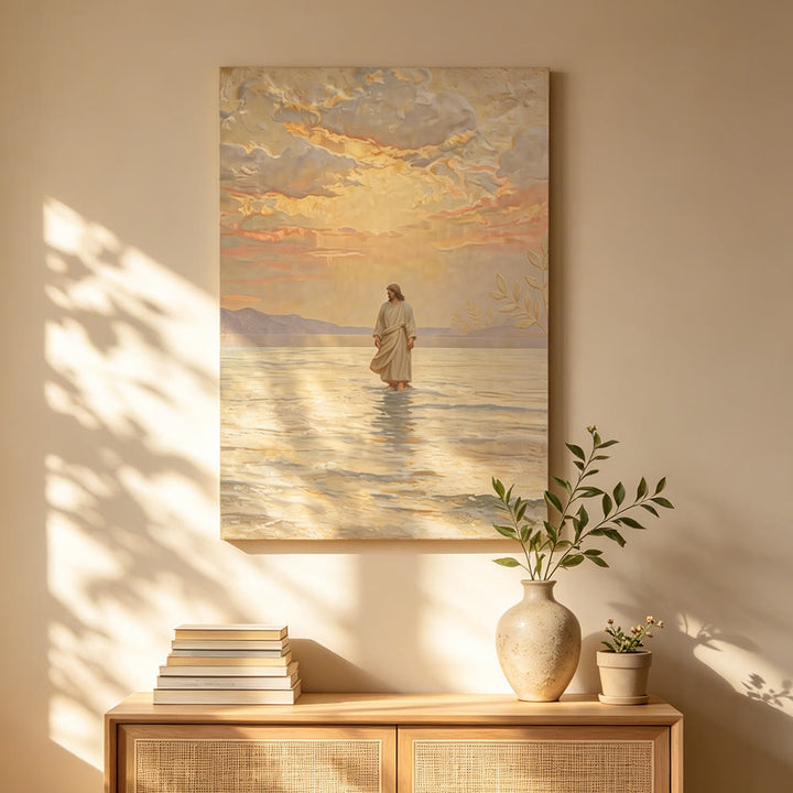 Christianartworkshop Warm Sunset Jesus on Water Print: A Daily Symbol of Hope and Overcoming the Impossible - image 1