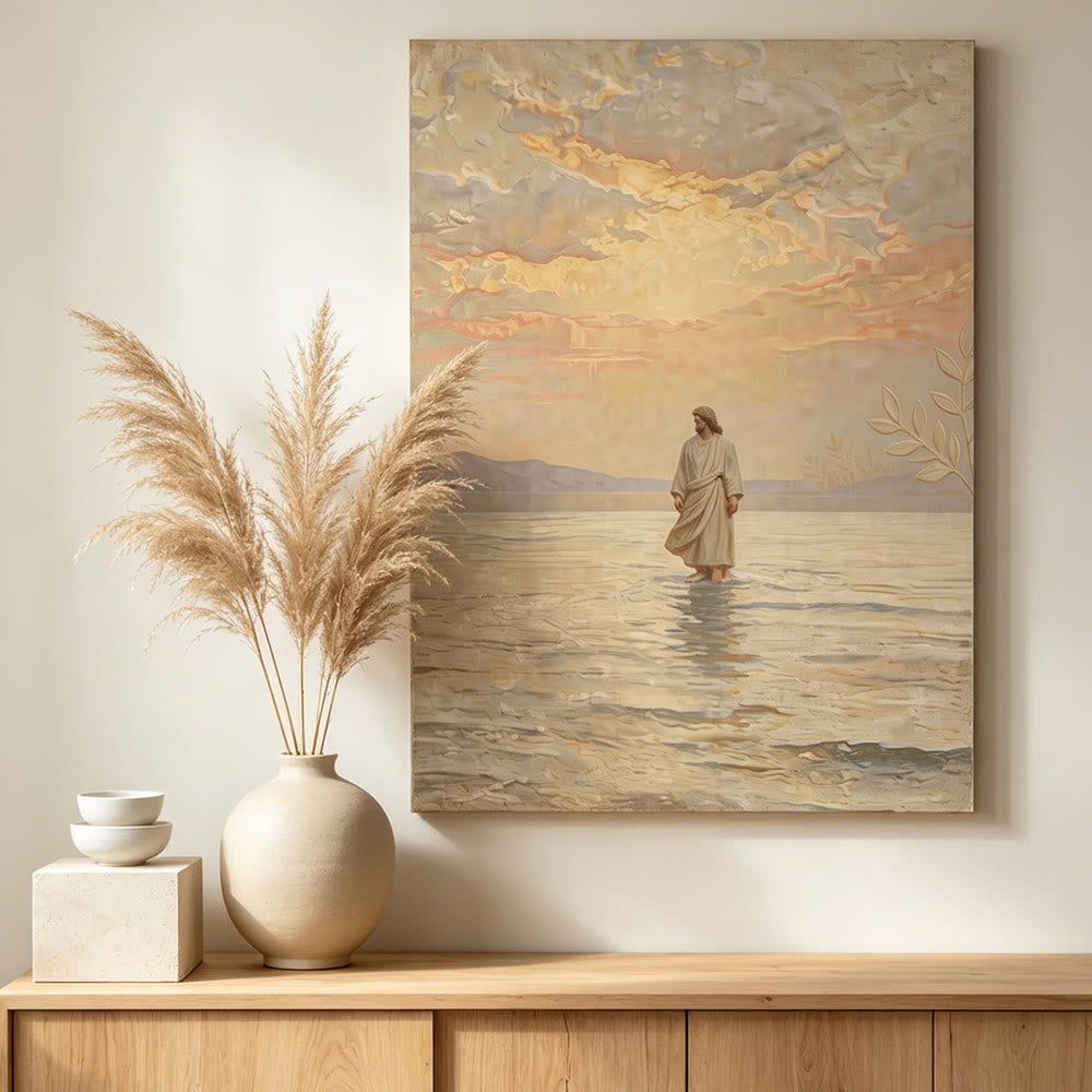 Christianartworkshop Warm Sunset Jesus on Water Print: A Daily Symbol of Hope and Overcoming the Impossible - Framed Canvas Painting - 13.77"*19.58"*0.7"/35*50*1.8cm - image 0