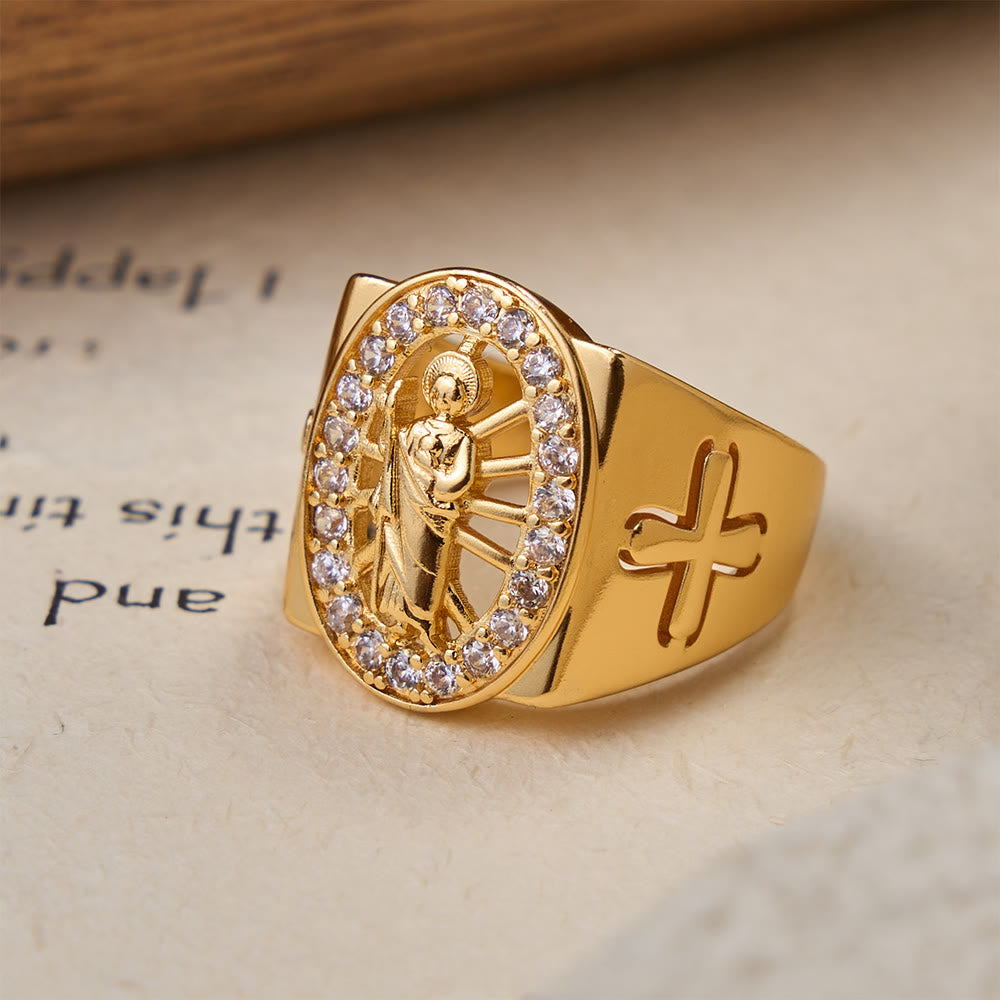 Christianartworkshop Bold St. Jude Zircon Halo Signet Ring with Side Cross: A Symbol of Hope and Divine Guidance - image 1