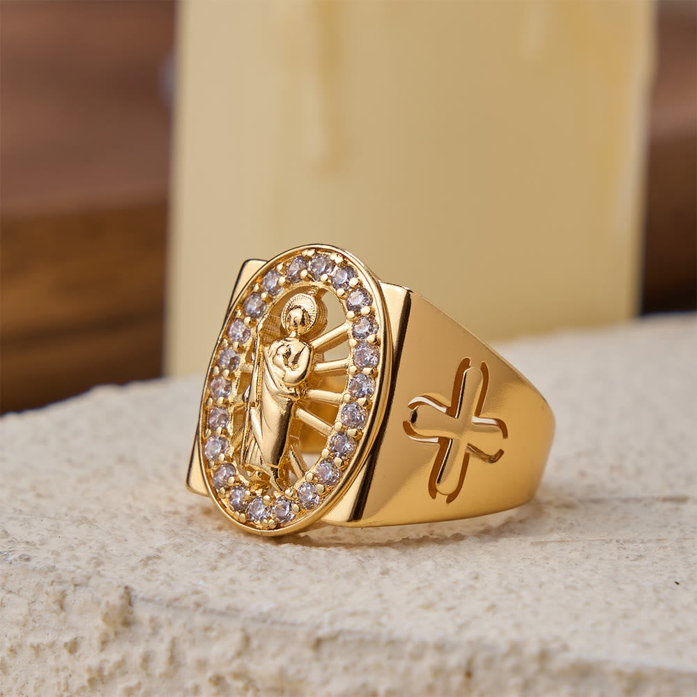 Christianartworkshop Bold St. Jude Zircon Halo Signet Ring with Side Cross: A Symbol of Hope and Divine Guidance - St.Jude(Suitable for US Sizes 7-9) - image 0