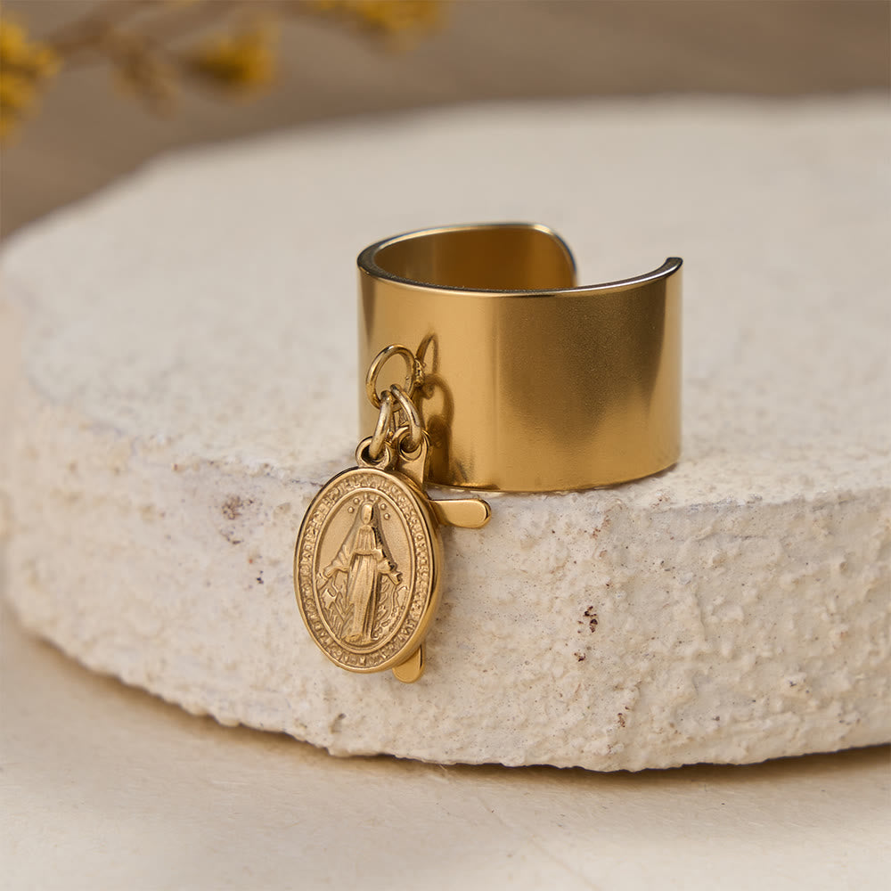 Christianartworkshop Premium Faith Charm Open Ring with Multiple Symbols: A Sacred Emblem of Unwavering Faith - Golden Our Lady & Cross - image 6