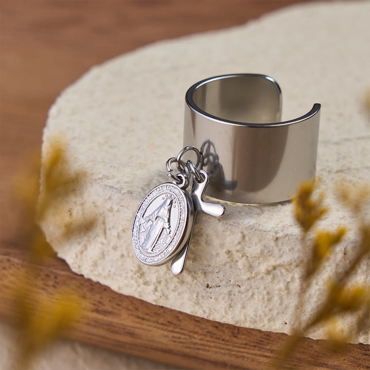 Christianartworkshop Premium Faith Charm Open Ring with Multiple Symbols: A Sacred Emblem of Unwavering Faith - Silver Our Lady & Cross - image 8