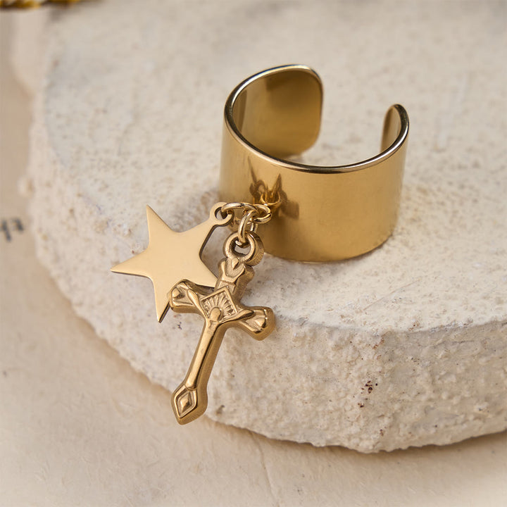 Christianartworkshop Premium Faith Charm Open Ring with Multiple Symbols: A Sacred Emblem of Unwavering Faith - Golden Crucifix & Star - image 7