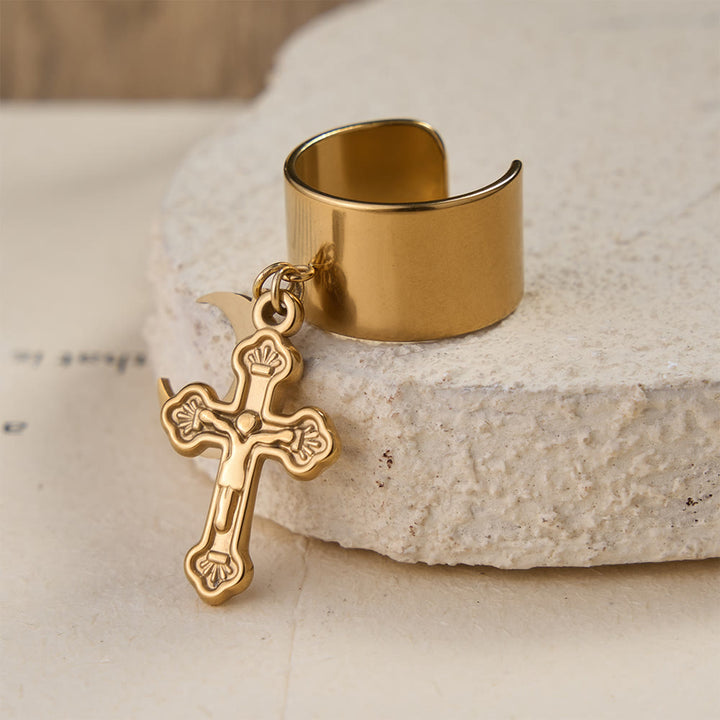 Christianartworkshop Premium Faith Charm Open Ring with Multiple Symbols: A Sacred Emblem of Unwavering Faith - Golden Moon & Cross - image 4