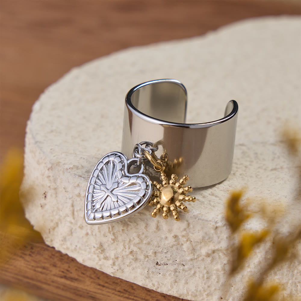 Christianartworkshop Premium Faith Charm Open Ring with Multiple Symbols: A Sacred Emblem of Unwavering Faith - Silver Sacred Heart - image 3