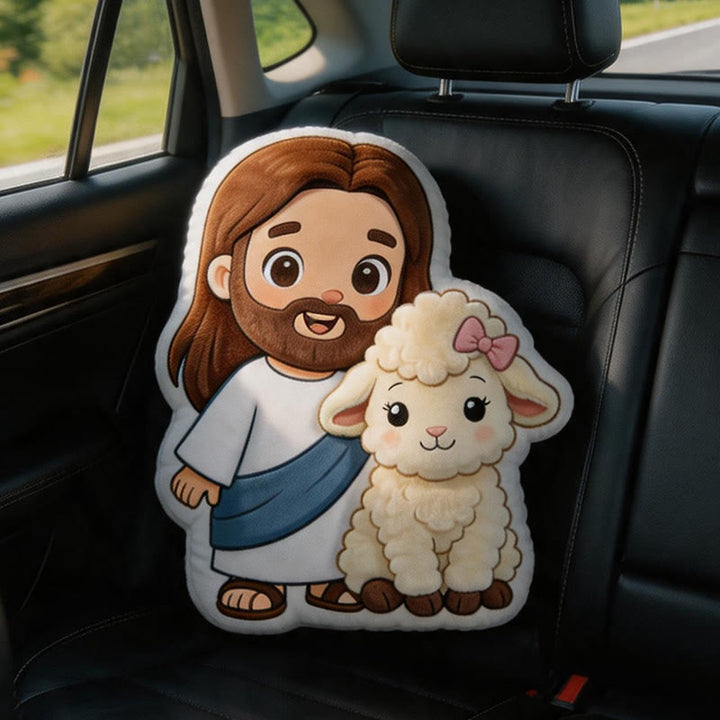 Christianartworkshop Adorable Cartoon Jesus and Lamb Plush Throw Pillow: Gentle Faithful Accent - 24" (60cm) - image 0