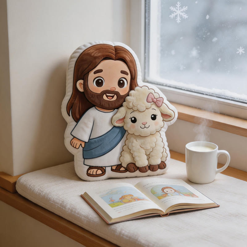 Christianartworkshop Adorable Cartoon Jesus and Lamb Plush Throw Pillow: Gentle Faithful Accent - image 2