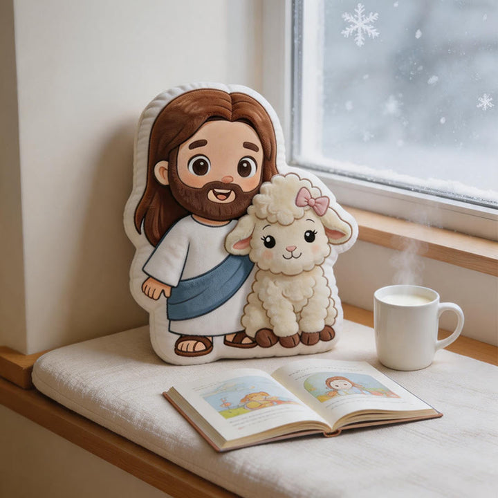 Christianartworkshop Adorable Cartoon Jesus and Lamb Plush Throw Pillow: Gentle Faithful Accent - image 2