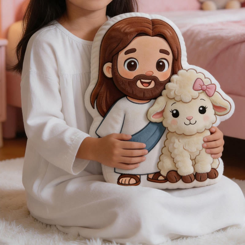 Christianartworkshop Adorable Cartoon Jesus and Lamb Plush Throw Pillow: Gentle Faithful Accent - image 1