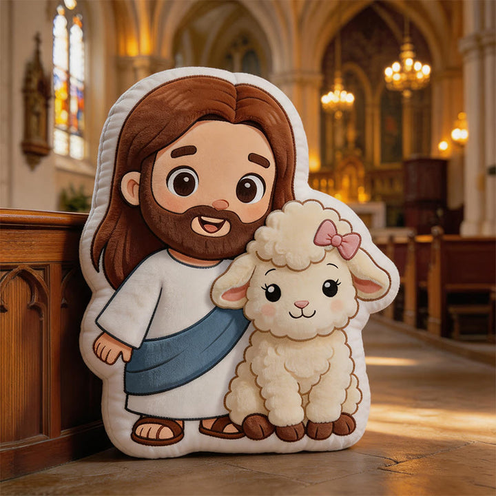 Christianartworkshop Adorable Cartoon Jesus and Lamb Plush Throw Pillow: Gentle Faithful Accent - image 4