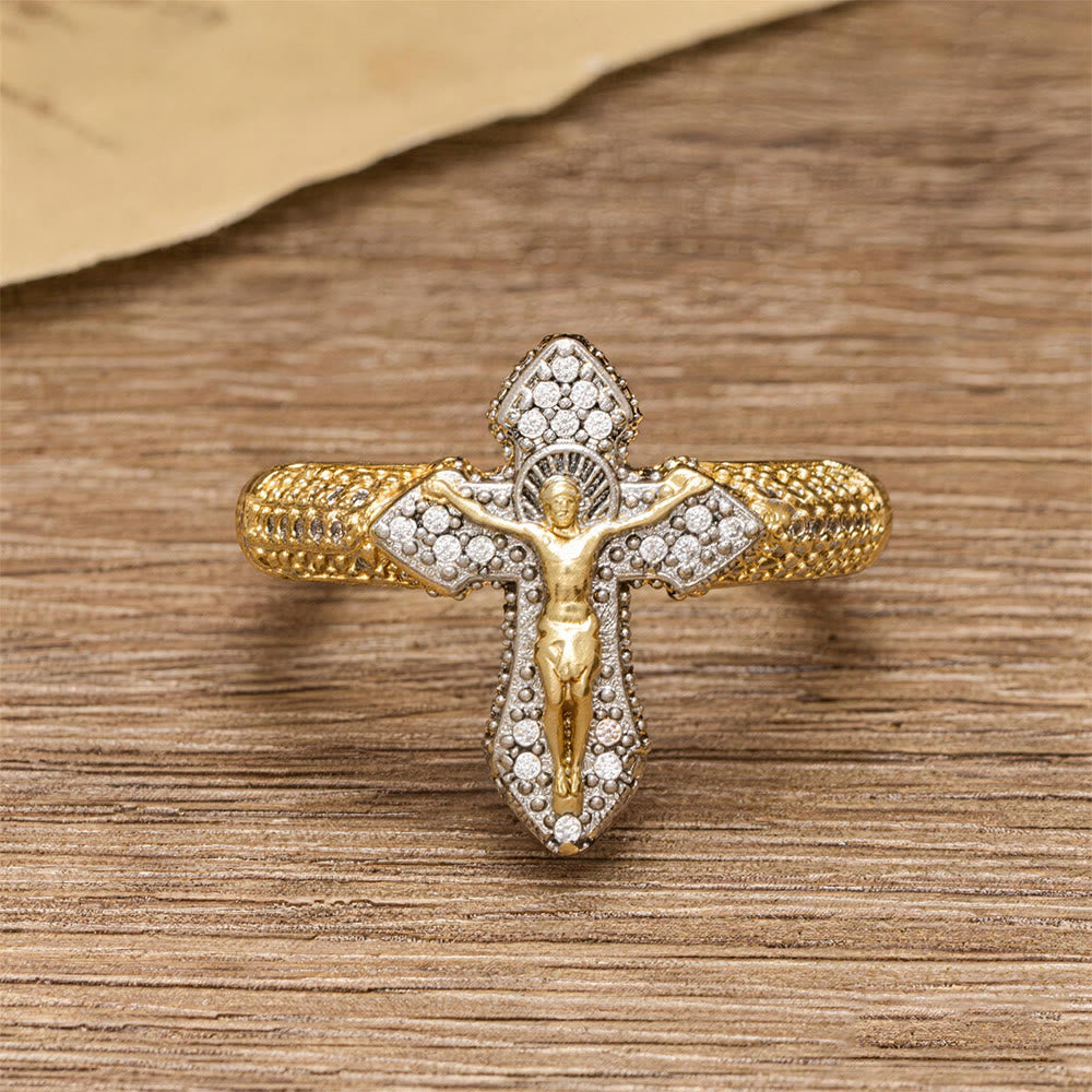 Christianartworkshop Two-Tone Zircon Pavé Crucifix Statement Ring: A Symbol of Timeless Redemptive Love - image 1