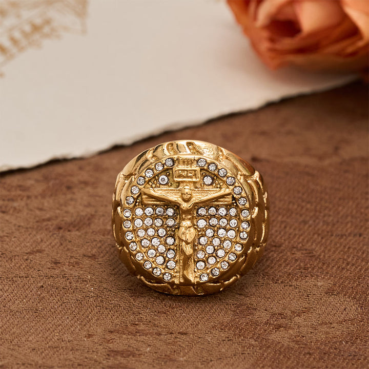 Christianartworkshop Bold INRI Crucifix Zircon Statement Ring: A Symbol of Unwavering Redemptive Faith - Golden - US 13 - image 2