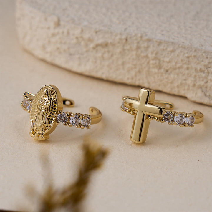 Christianartworkshop Our Lady & Cross Zircon Adjustable Ring: Symbols of Marian Grace and Redemptive Love - image 1