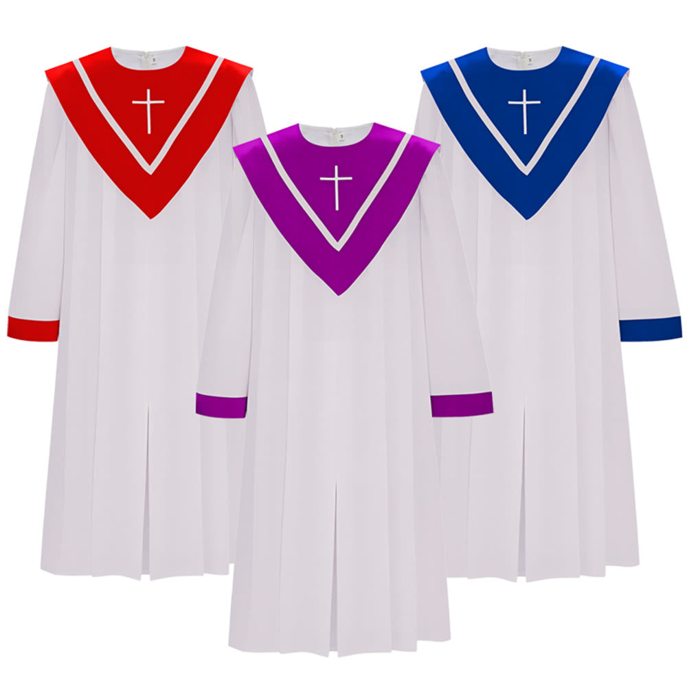 Christianartworkshop Classic White Clergy Robe with Contrast V-Neck & Cross Detailing - Blue - 2XL - image 1