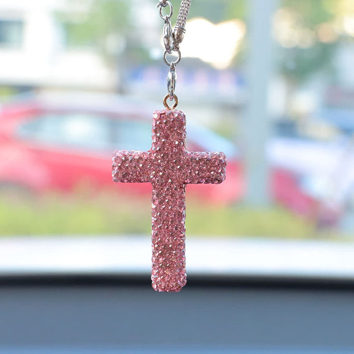 Christianartworkshop Crystal-Embellished Cross Car Pendant: Radiant Faith for Every Journey - Pink# - image 12