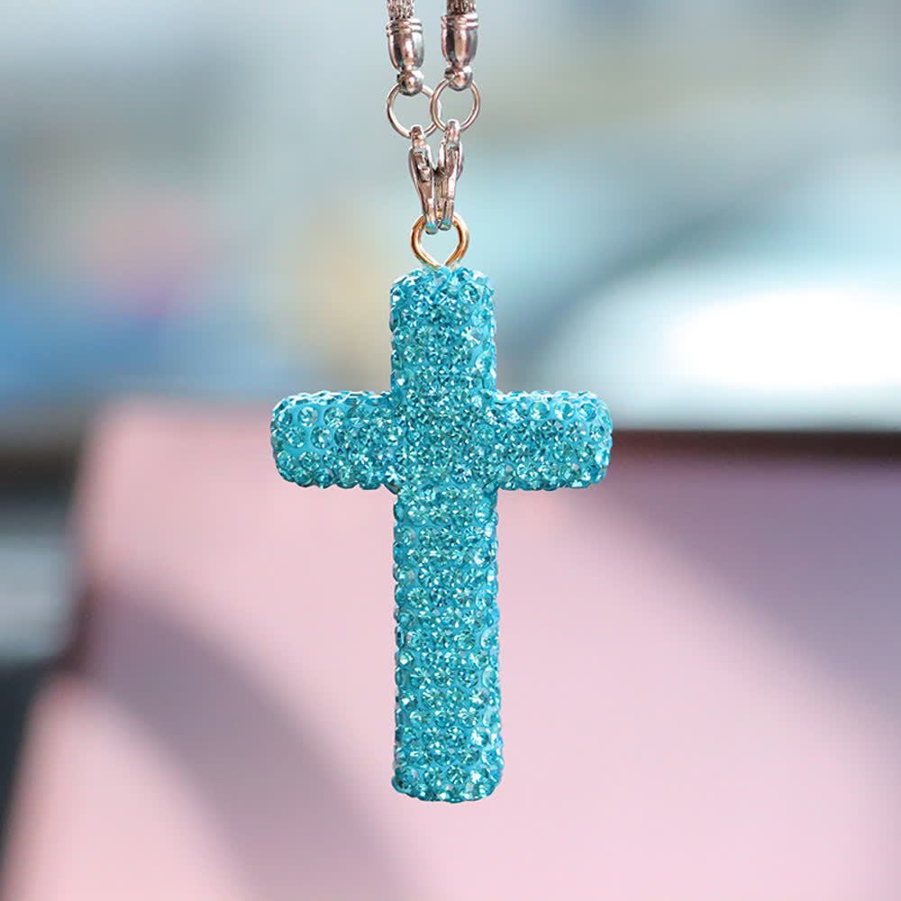 Christianartworkshop Crystal-Embellished Cross Car Pendant: Radiant Faith for Every Journey - Lake Blue# - image 14