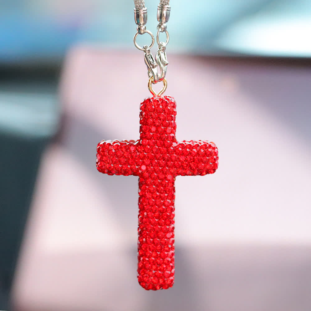 Christianartworkshop Crystal-Embellished Cross Car Pendant: Radiant Faith for Every Journey - Red# - image 8