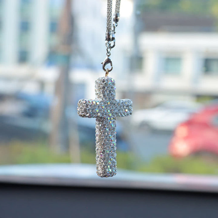Christianartworkshop Crystal-Embellished Cross Car Pendant: Radiant Faith for Every Journey - White# - image 10