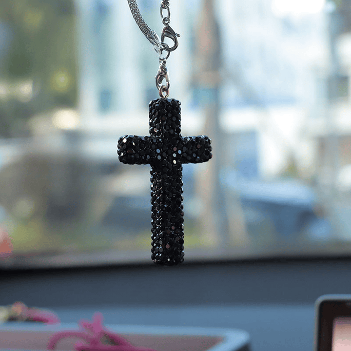 Christianartworkshop Crystal-Embellished Cross Car Pendant: Radiant Faith for Every Journey - Black# - image 9