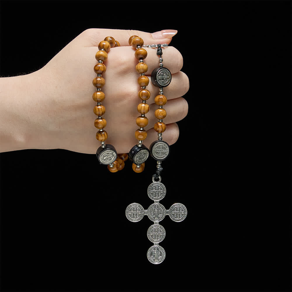Christianartworkshop Natural Olivewood Rosary with St. Benedict Spacers and Oversized Filigree Cross - image 1