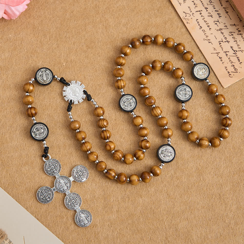 Christianartworkshop Natural Olivewood Rosary with St. Benedict Spacers and Oversized Filigree Cross - St. Benedict - image 0
