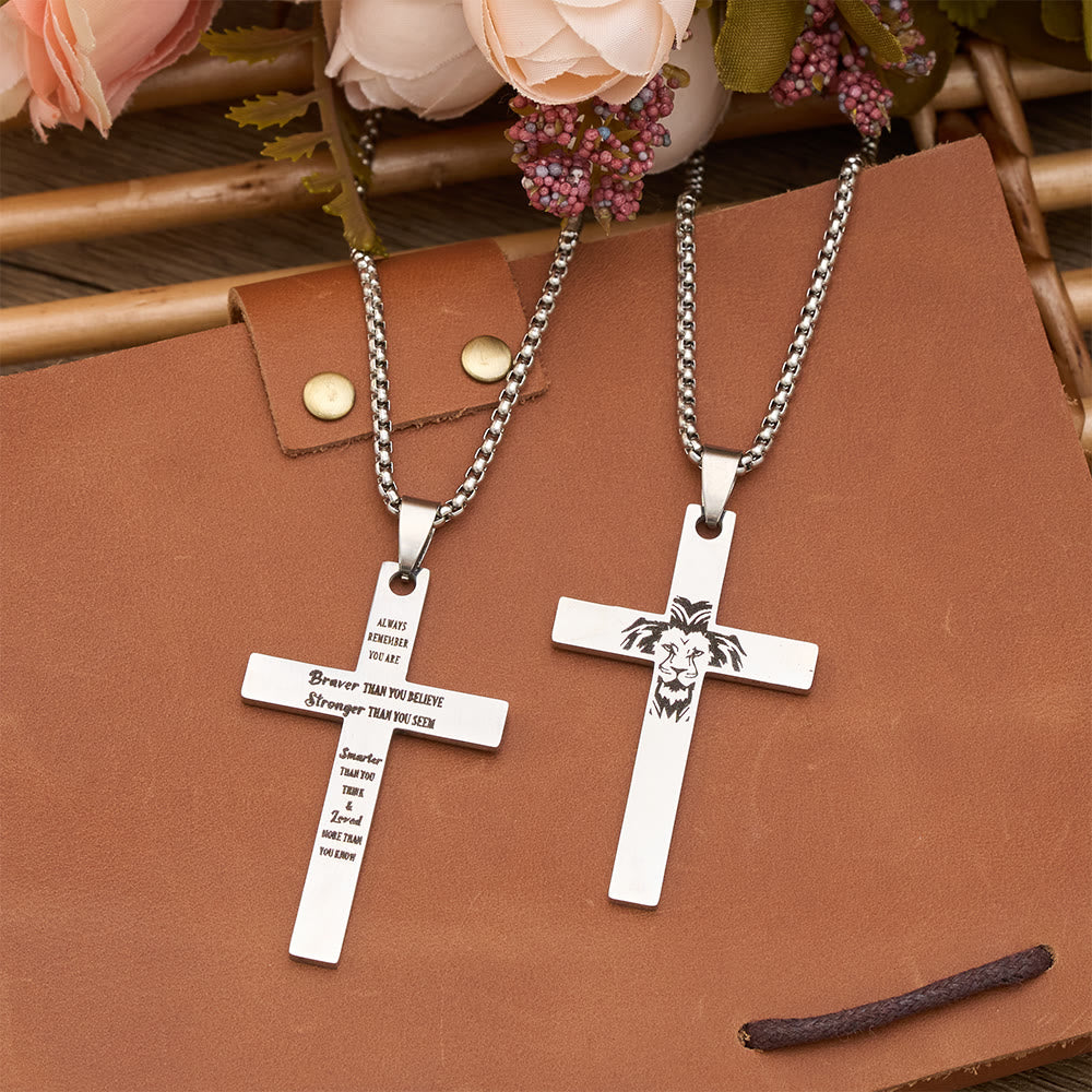 Christianartworkshop Dual-Sided Cross Pendant Necklace with Lion & Inspirational Engraving: A Symbol of Courage and Faith - Lion & Verse Cross - image 0