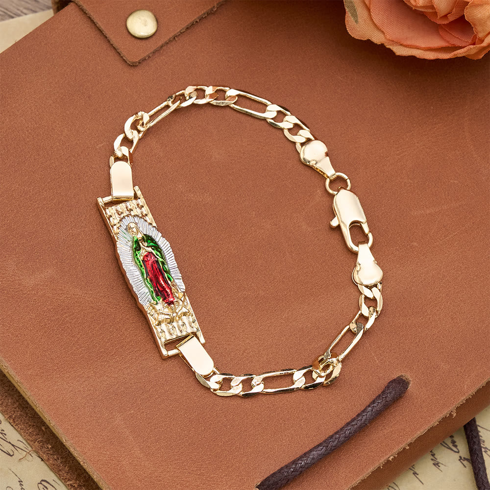 Christianartworkshop Figaro Chain Bracelet with Marian & St. Jude Devotional Medallions: A Symbol of Divine Protection - Red&Green Our Lady - image 1
