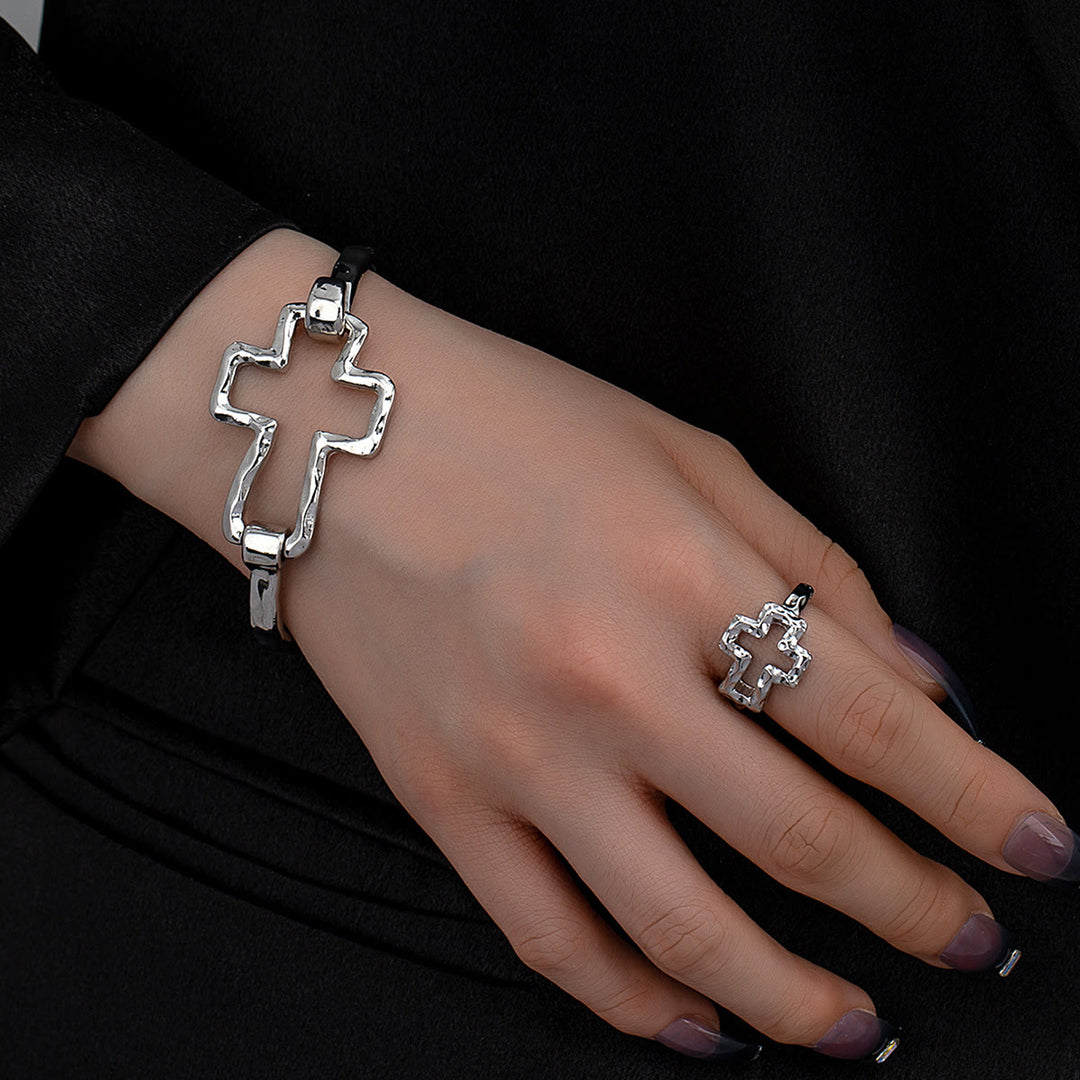 FREE Today: Hammered Cross Bangle & Ring Set: A Symbol of Faith and Refined Simplicity - Silver Set - image 6